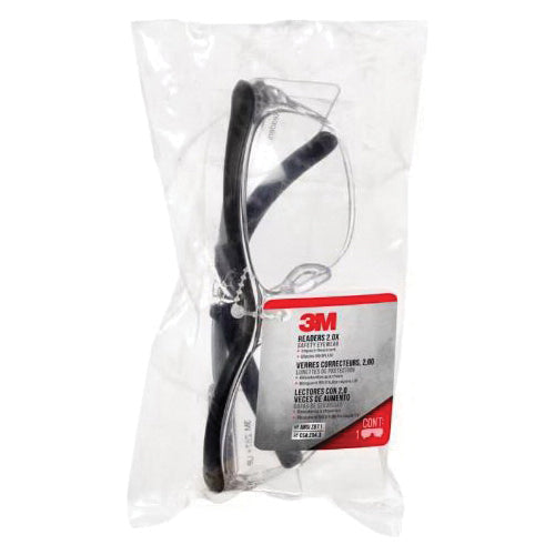 3M™ 078371-91192 Readers Safety Glass, +2X Diopter, Clear Lens, Wraparound Frame, Black Frame, Standard Temple