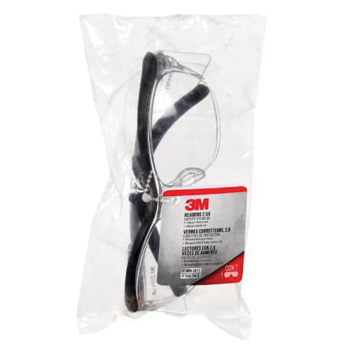 3M™ 078371-91193 Readers Safety Glass, +2.5X Diopter, Clear Lens, Wraparound Frame, Black Frame, Standard Temple