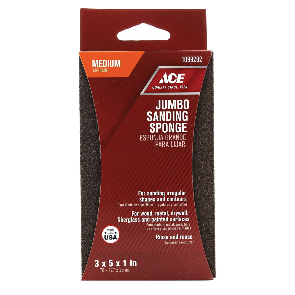 ACE® 1099282 Extra Large Sanding Sponge, 5 in L, 3 in W, 1 in Thick, 80 Grit, Medium Grit