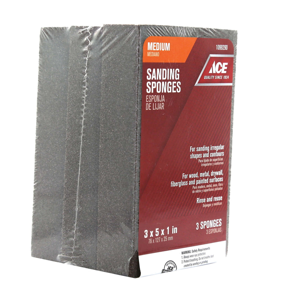 ACE® 1099290 Extra Large Sanding Sponge, 5 in L, 3 in W, 1 in Thick, 80 Grit, Medium Grit