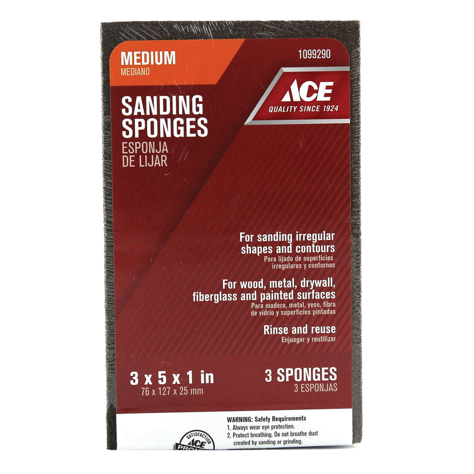 ACE® 1099290 Extra Large Sanding Sponge, 5 in L, 3 in W, 1 in Thick, 80 Grit, Medium Grit