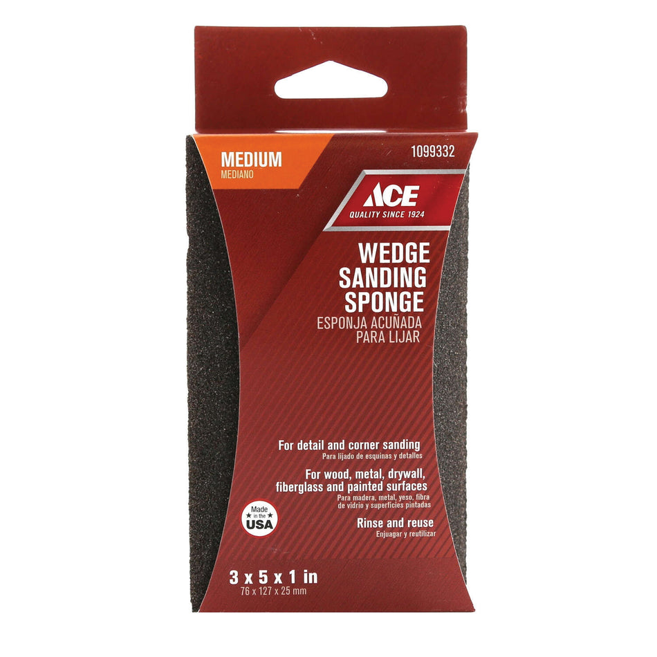 ACE® 1099332 Wedge Sanding Sponge, 5 in L, 3 in W, 1 in Thick, 80 Grit, Medium Grit