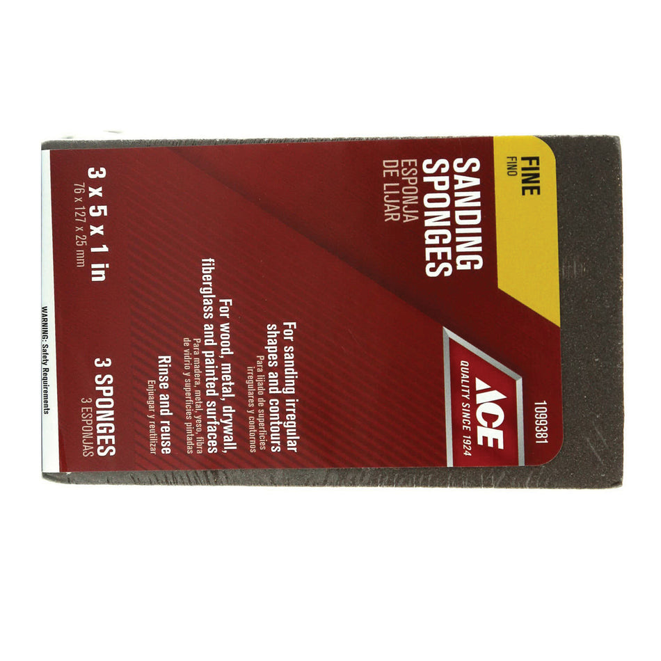 ACE® 1099381 Sanding Sponge, 5 in L, 3 in W, 1 in Thick, 120 Grit, Fine Grit