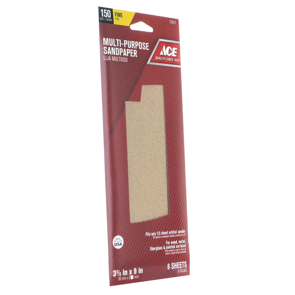 ACE® 17617 Sandpaper, 9 in L, 3.667 in W, 150 Grit, Aluminum Oxide Abrasive