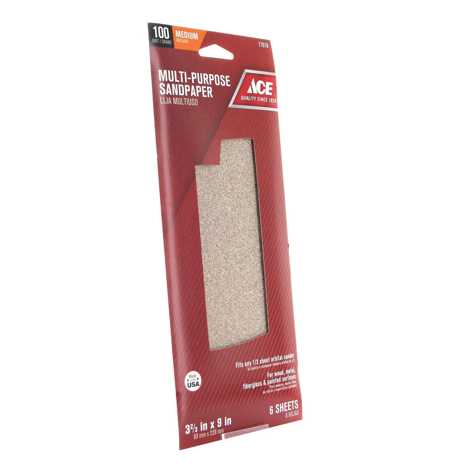 ACE® 17618 Sandpaper, 9 in L, 3.667 in W, 100 Grit, Aluminum Oxide Abrasive