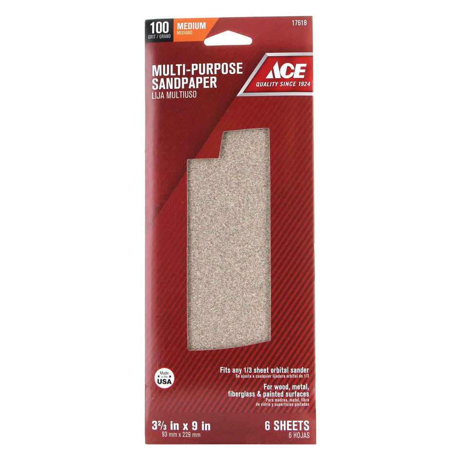 ACE® 17618 Sandpaper, 9 in L, 3.667 in W, 100 Grit, Aluminum Oxide Abrasive