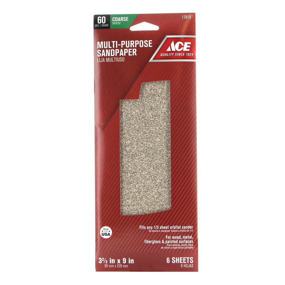 ACE® 17619 Sandpaper, 9 in L, 3.66 in W, 60 Grit, Aluminum Oxide Abrasive