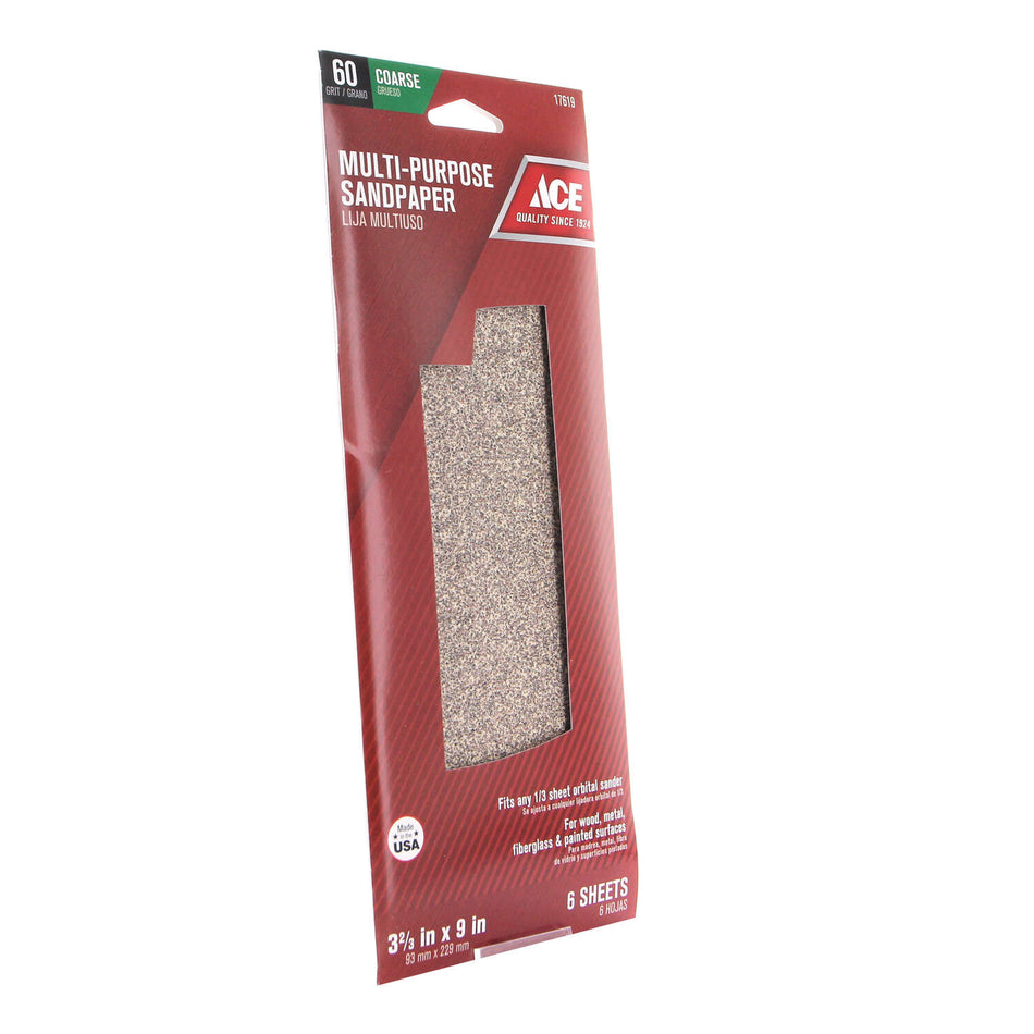 ACE® 17619 Sandpaper, 9 in L, 3.66 in W, 60 Grit, Aluminum Oxide Abrasive