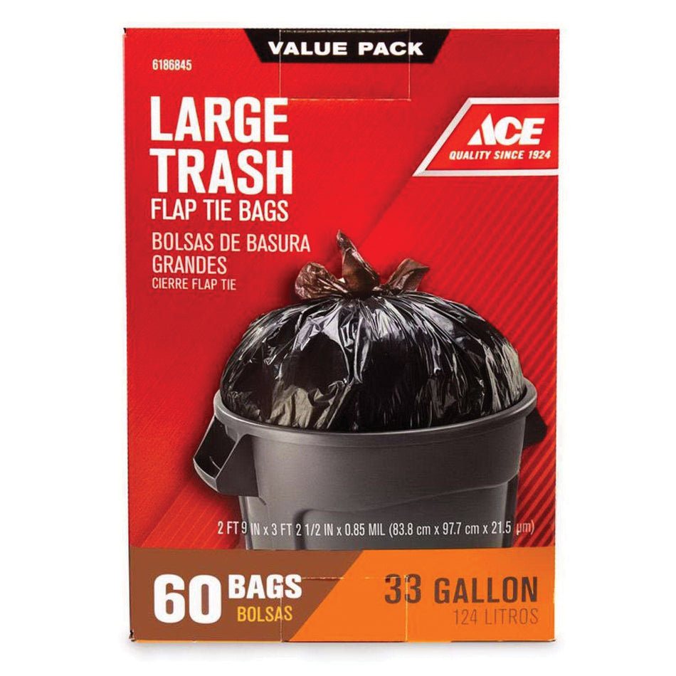 ACE® 1857780 Trash Bag, 0.85 mil Thick, 33 gal Capacity, Black, Flap Tie Closure, 60 Bag per Roll