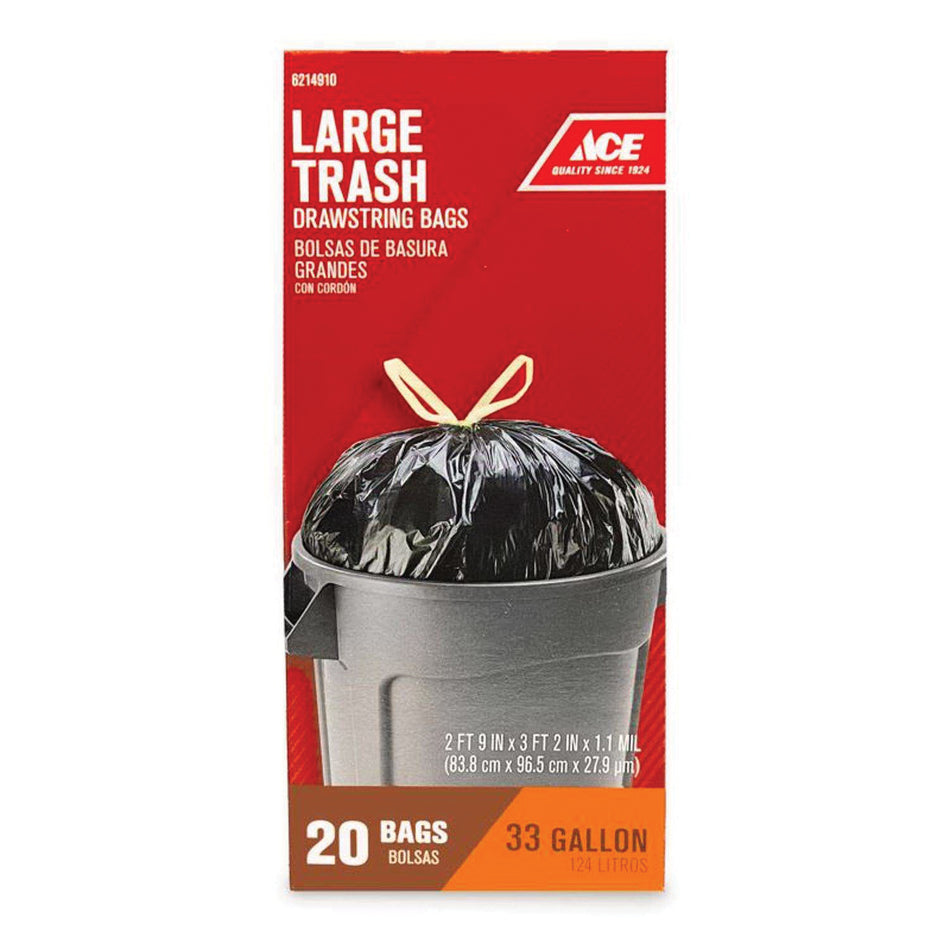 ACE® 1857781 Trash Bag, 1.1 mil Thick, 33 gal Capacity, Black, Drawstring Closure, 20 Bag per Roll