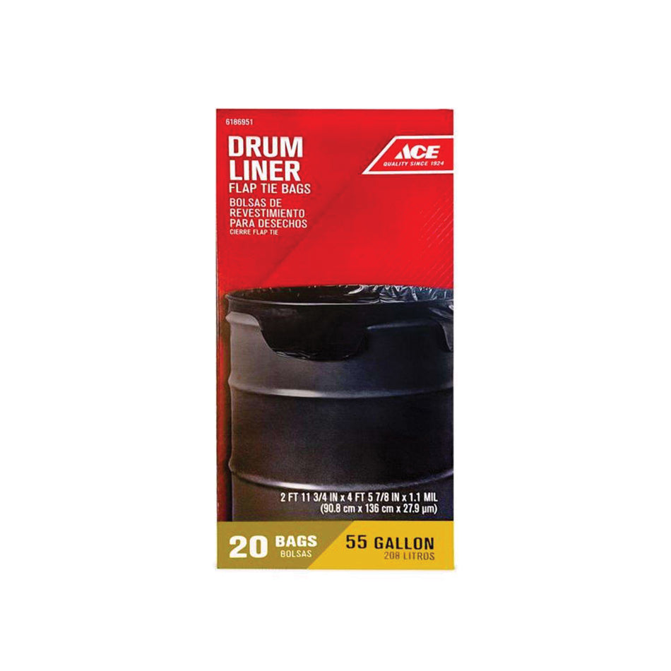 ACE® 1857783 Drum Liner, 1.1 mil Thick, 55 gal Capacity, Black, Flap Tie Closure, 20 Bag per Roll