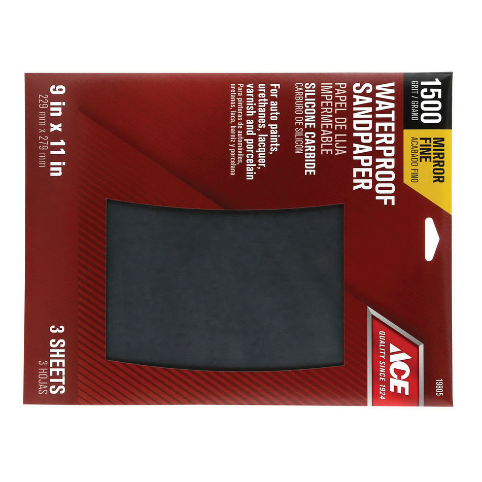 ACE® 19805 Water-Proof Sandpaper, 11 in L, 9 in W, 1500 Grit, Silicon Carbide Abrasive