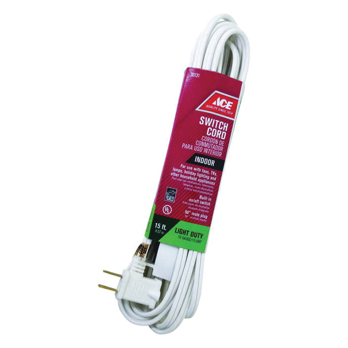 ACE® 1PC-002-015FWH Extension Cord With Switch, 125 V, SPT-2 Conductor, 16/2 AWG Conductor, 15 ft L