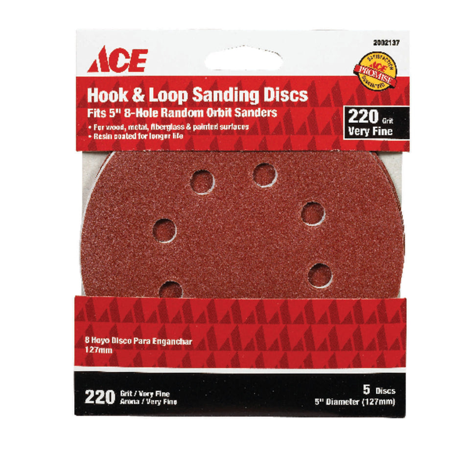 ACE® 2002137 Sanding Disc, 5 in Dia, 220 Grit, Very Fine Grit, Aluminum Oxide Abrasive, Hook and Loop Attachment