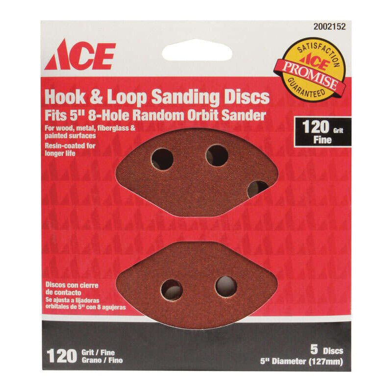 ACE® 2002152 Sanding Disc, 5 in Dia, 120 Grit, Fine Grit, Aluminum Oxide Abrasive, Hook and Loop Attachment