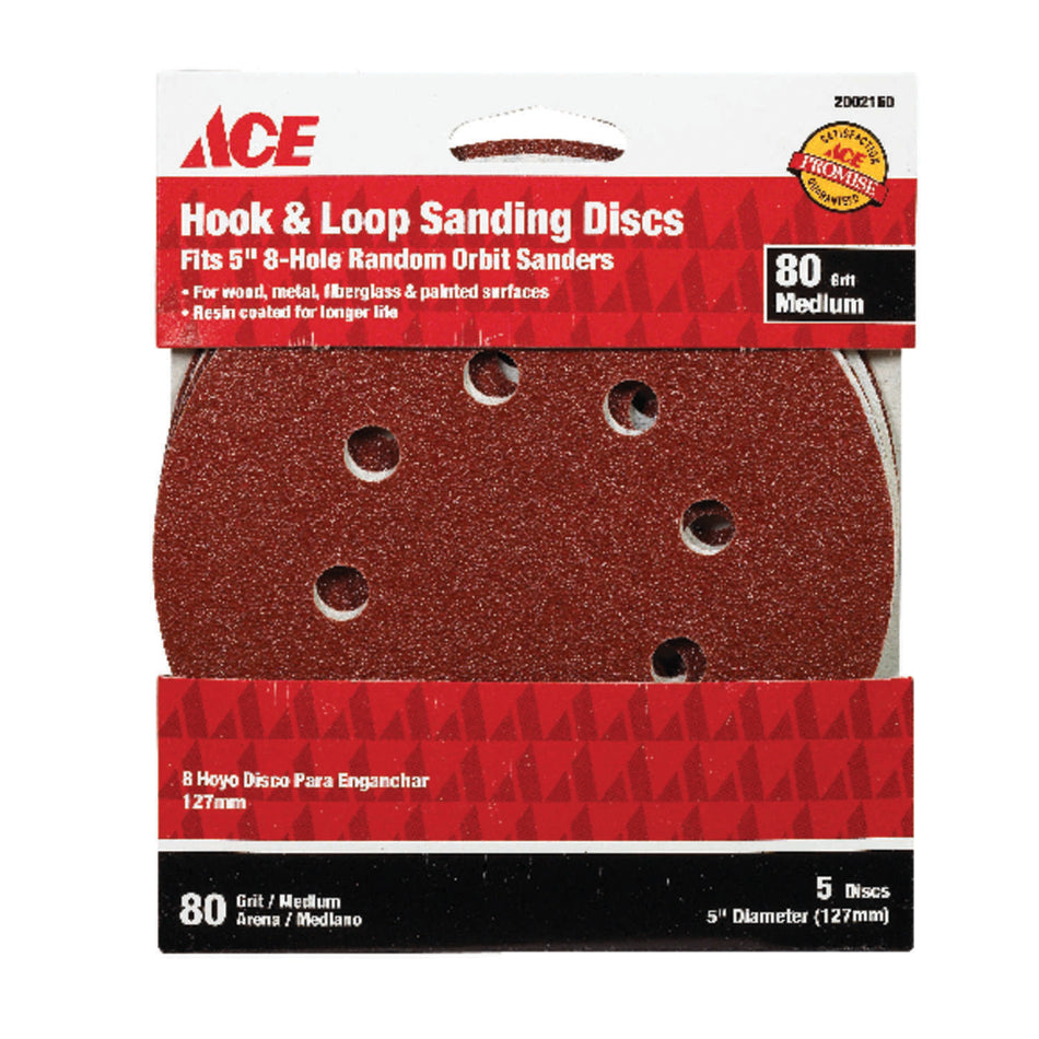 ACE® 2002160 Sanding Disc, 5 in Dia, 80 Grit, Medium Grit, Aluminum Oxide Abrasive, Hook and Loop Attachment