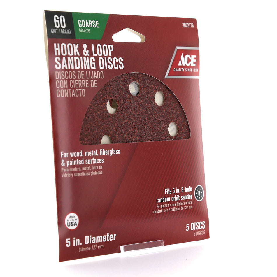 ACE® 2002178 Sanding Disc, 5 in Dia, 60 Grit, Coarse Grit, Aluminum Oxide Abrasive, Hook and Loop Attachment