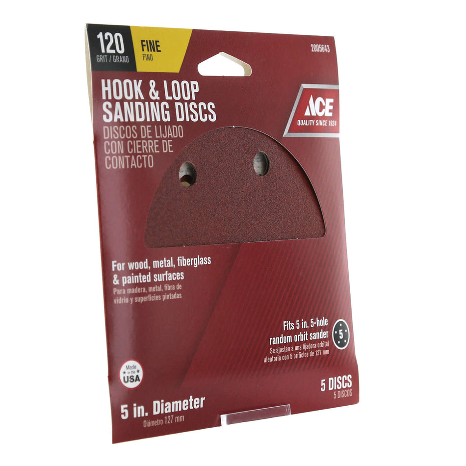 ACE® 2005643 Sanding Disc, 5 in Dia, 120 Grit, Fine Grit, Aluminum Oxide Abrasive, Hook and Loop Attachment