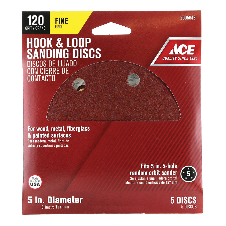 ACE® 2005643 Sanding Disc, 5 in Dia, 120 Grit, Fine Grit, Aluminum Oxide Abrasive, Hook and Loop Attachment