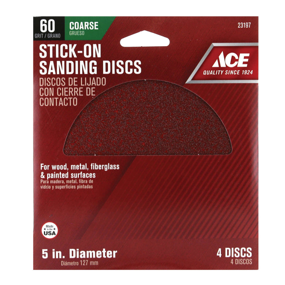 ACE® 23197 Sanding Disc, 5 in Dia, 60 Grit, Coarse Grit, Aluminum Oxide Abrasive, Adhesive Attachment