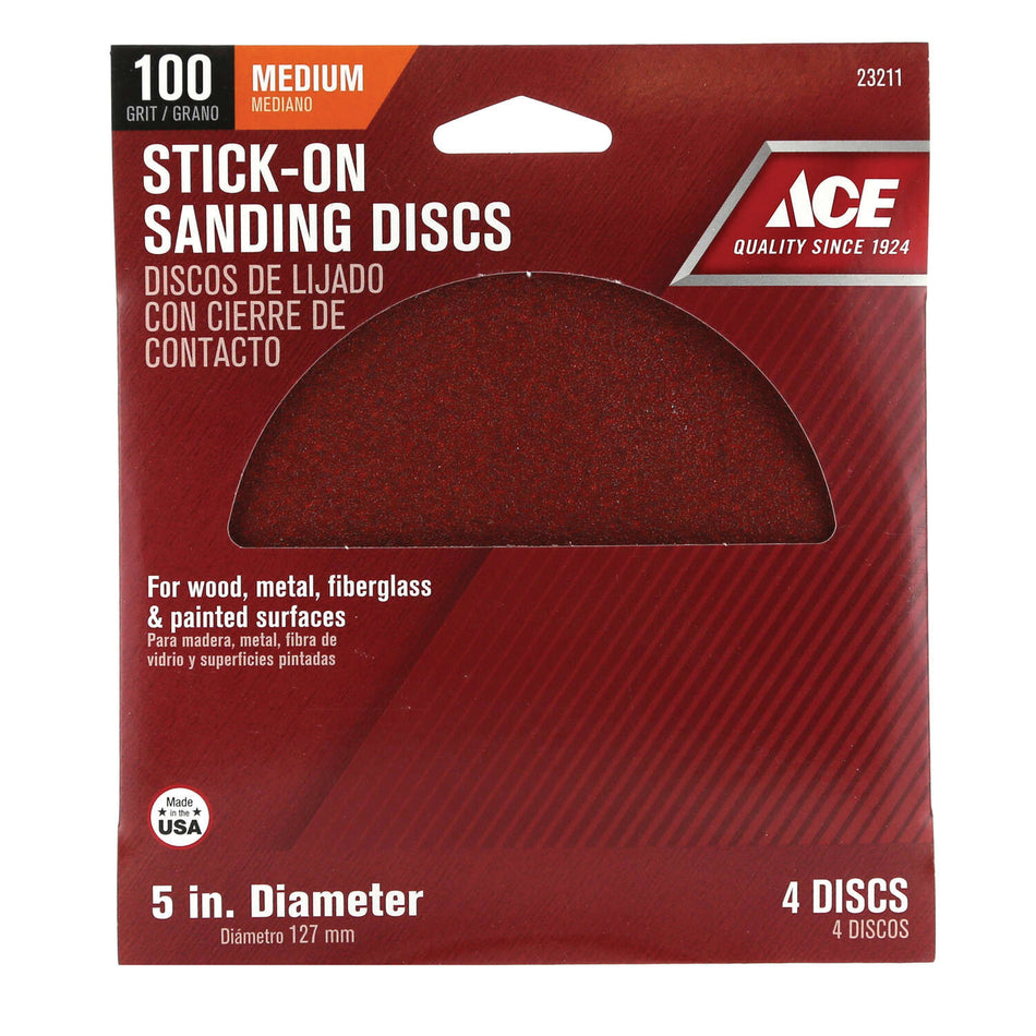 ACE® 23211 Sanding Disc, 5 in Dia, 100 Grit, Medium Grit, Aluminum Oxide Abrasive, Adhesive Attachment