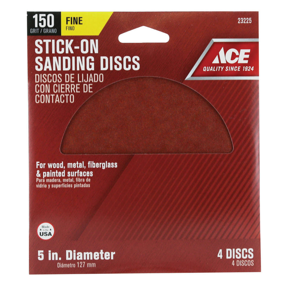 ACE® 23225 Sanding Disc, 5 in Dia, 150 Grit, Fine Grit, Aluminum Oxide Abrasive, Adhesive Attachment