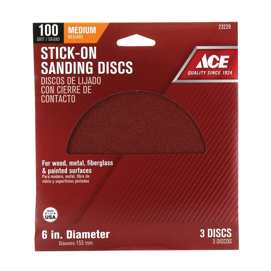 ACE® 23229 Sanding Disc, 6 in Dia, 100 Grit, Medium Grit, Aluminum Oxide Abrasive, Adhesive Attachment