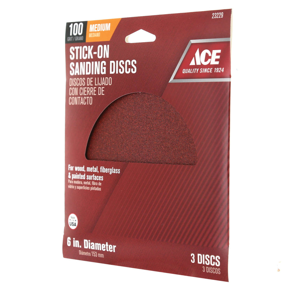 ACE® 23229 Sanding Disc, 6 in Dia, 100 Grit, Medium Grit, Aluminum Oxide Abrasive, Adhesive Attachment