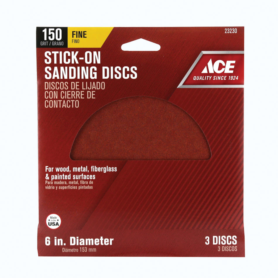 ACE® 23230 Sanding Disc, 6 in Dia, 150 Grit, Fine Grit, Aluminum Oxide Abrasive, Adhesive Attachment