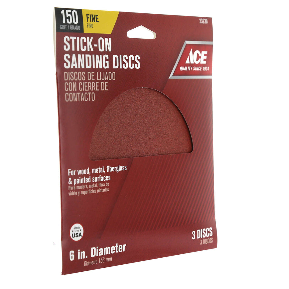 ACE® 23230 Sanding Disc, 6 in Dia, 150 Grit, Fine Grit, Aluminum Oxide Abrasive, Adhesive Attachment