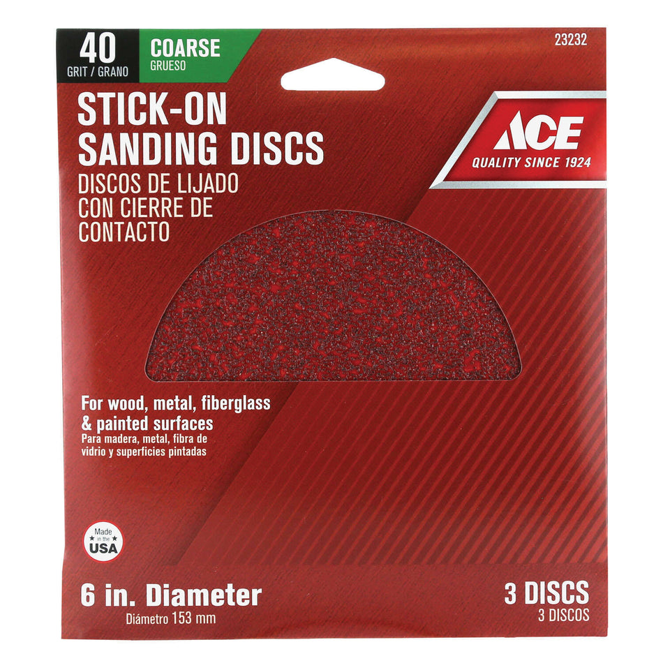 ACE® 23232 Sanding Disc, 6 in Dia, 40 Grit, Extra Coarse Grit, Aluminum Oxide Abrasive, Adhesive Attachment