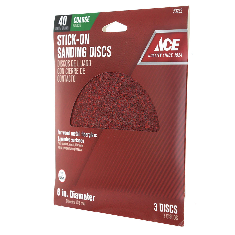 ACE® 23232 Sanding Disc, 6 in Dia, 40 Grit, Extra Coarse Grit, Aluminum Oxide Abrasive, Adhesive Attachment