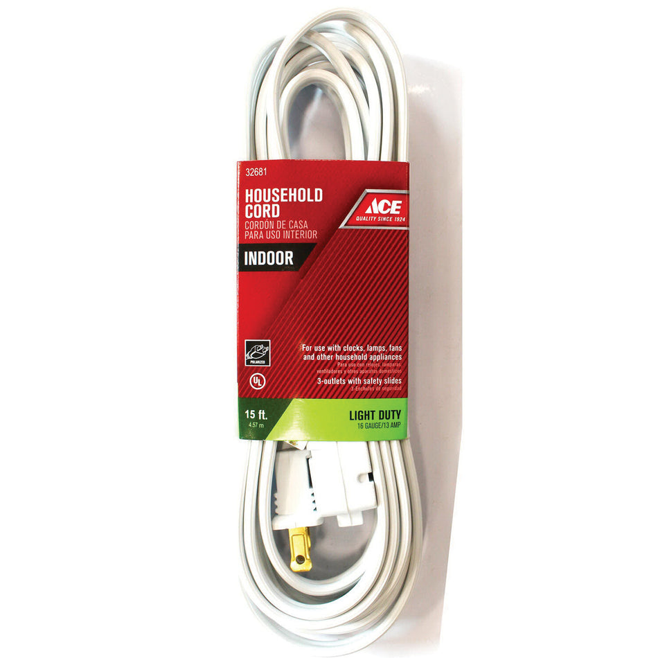 ACE® 32681 Extension Cord, 125 V, SPT-2 Conductor, 16/2 AWG Conductor, 15 ft L