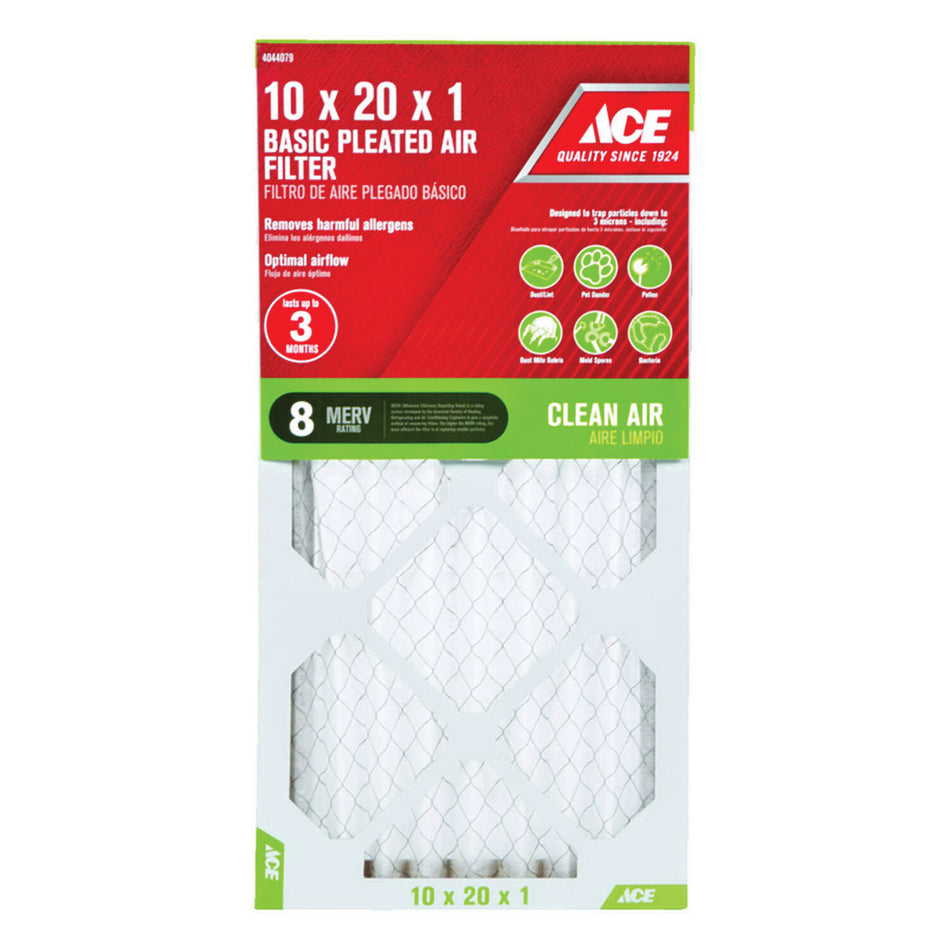 ACE® 84804.011020 Air Filter, Electrostatic, Pleated Filter, 10 in W, 20 in H, 1 in D, 8 MERV