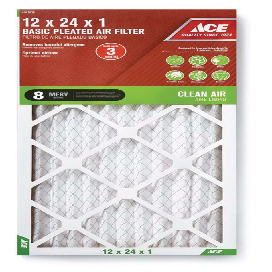 ACE® 84804.011224 Air Filter, Electrostatic, Pleated Filter, 12 in W, 24 in H, 1 in D, 8 MERV