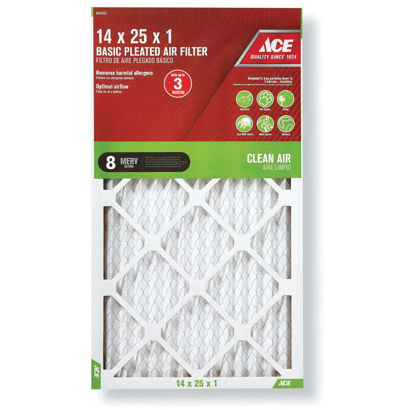 ACE® 84804.011425 Air Filter, Electrostatic, Pleated Filter, 14 in W, 25 in H, 1 in D, 8 MERV