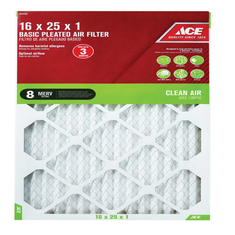 ACE® 84804.011625 Air Filter, Pleated Filter, 16 in W, 25 in H, 1 in D, 8 MERV