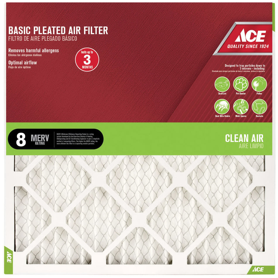 ACE® 84804.012025 Air Filter, Pleated Filter, 20 in W, 25 in H, 1 in D, 8 MERV