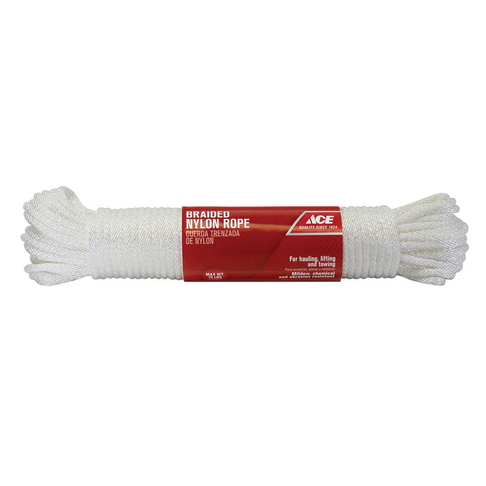 ACE® G1016H0100AC Rope, 1/4 in Dia, 100 ft L, 75 lb Load, Nylon, White