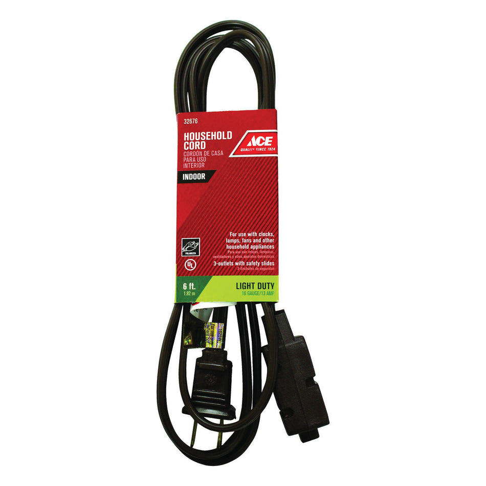 ACE® IN162PT206BR Extension Cord, 125 V, SPT-2 Conductor, 16/2 AWG Conductor, 6 ft L