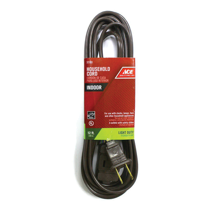 ACE® IN162PT212BR Extension Cord, 125 V, SPT-2 Conductor, 16/2 AWG Conductor, 12 ft L