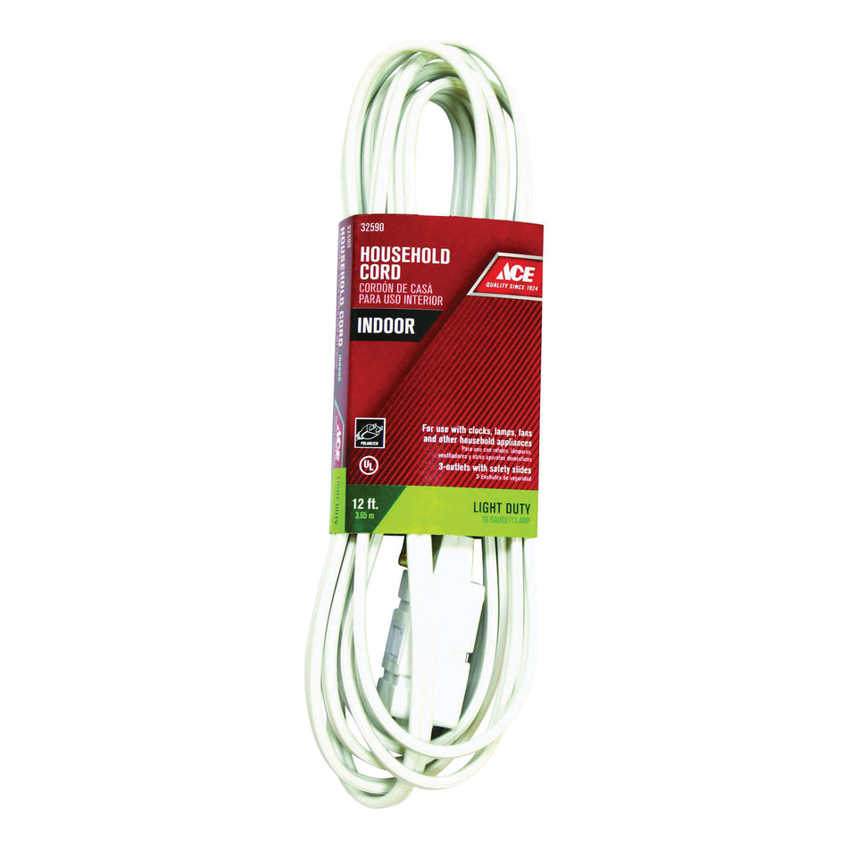 ACE® IN162PT212WH Extension Cord, 125 V, SPT-2 Conductor, 16/2 AWG Conductor, 12 ft L