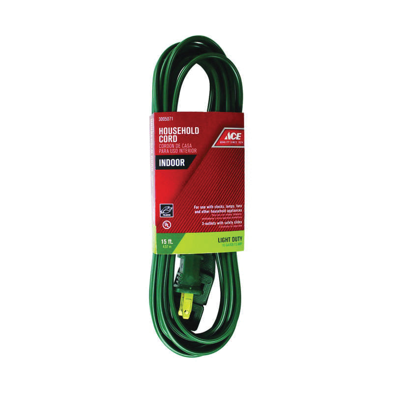 ACE® IN162PT215GR Extension Cord, 125 V, SPT-2 Conductor, 16/2 AWG Conductor, 15 ft L