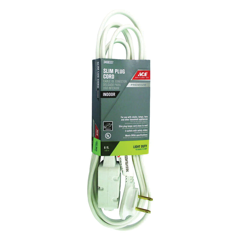 ACE® INP162PT206WH Extension Cord, 125 V, SPT-2 Conductor, 16/2 AWG Conductor, 6 ft L