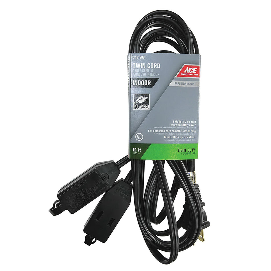 ACE® INPD162PT212BK Extension Cord, 125 V, SPT-2 Conductor, 16/2 AWG Conductor, 12 ft L