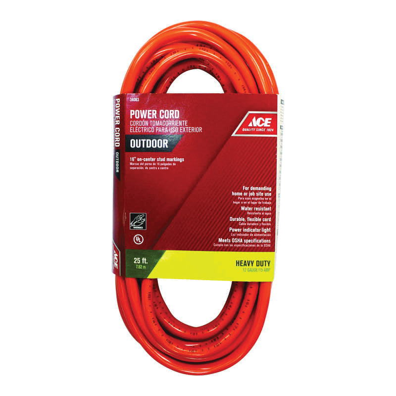 ACE® OU123JTW025OG-12/3 Extension Cord, 125 V, SJTW Conductor, 12/3 AWG Conductor, 25 ft L