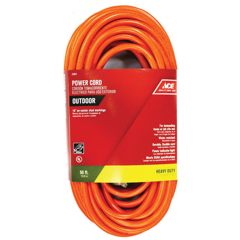 ACE® OU123JTW050OG Extension Cord, 125 V, SJTW Conductor, 12/3 AWG Conductor, 50 ft L