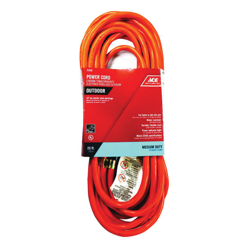 ACE® OU143JTW025OG Extension Cord, 125 V, SJTW Conductor, 14/3 AWG Conductor, 25 ft L