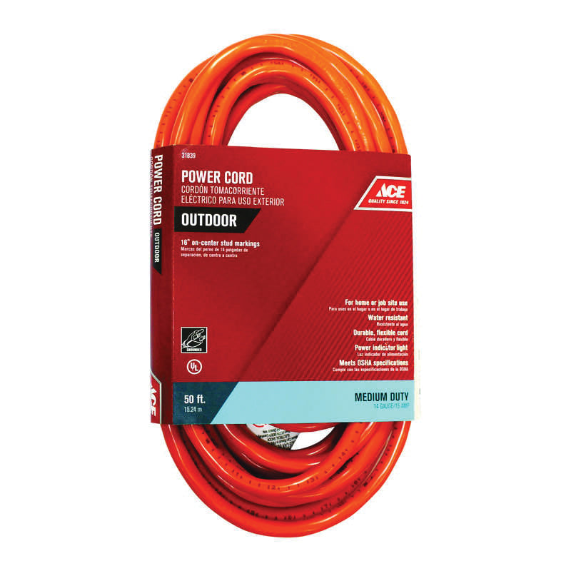 ACE® OU143JTW050OG Extension Cord, 125 V, SJTW Conductor, 14/3 AWG Conductor, 50 ft L