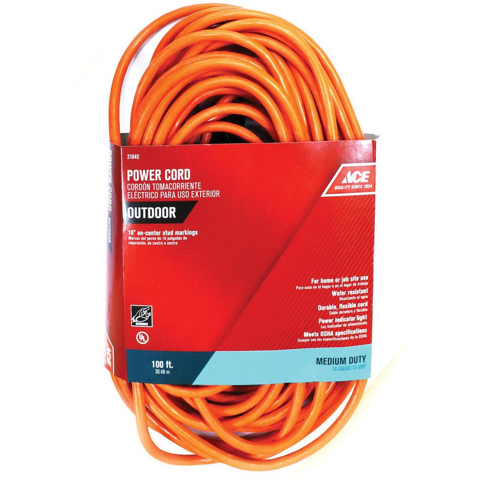 ACE® OU143JTW100OG Extension Cord, 125 V, SJTW Conductor, 14/3 AWG Conductor, 100 ft L